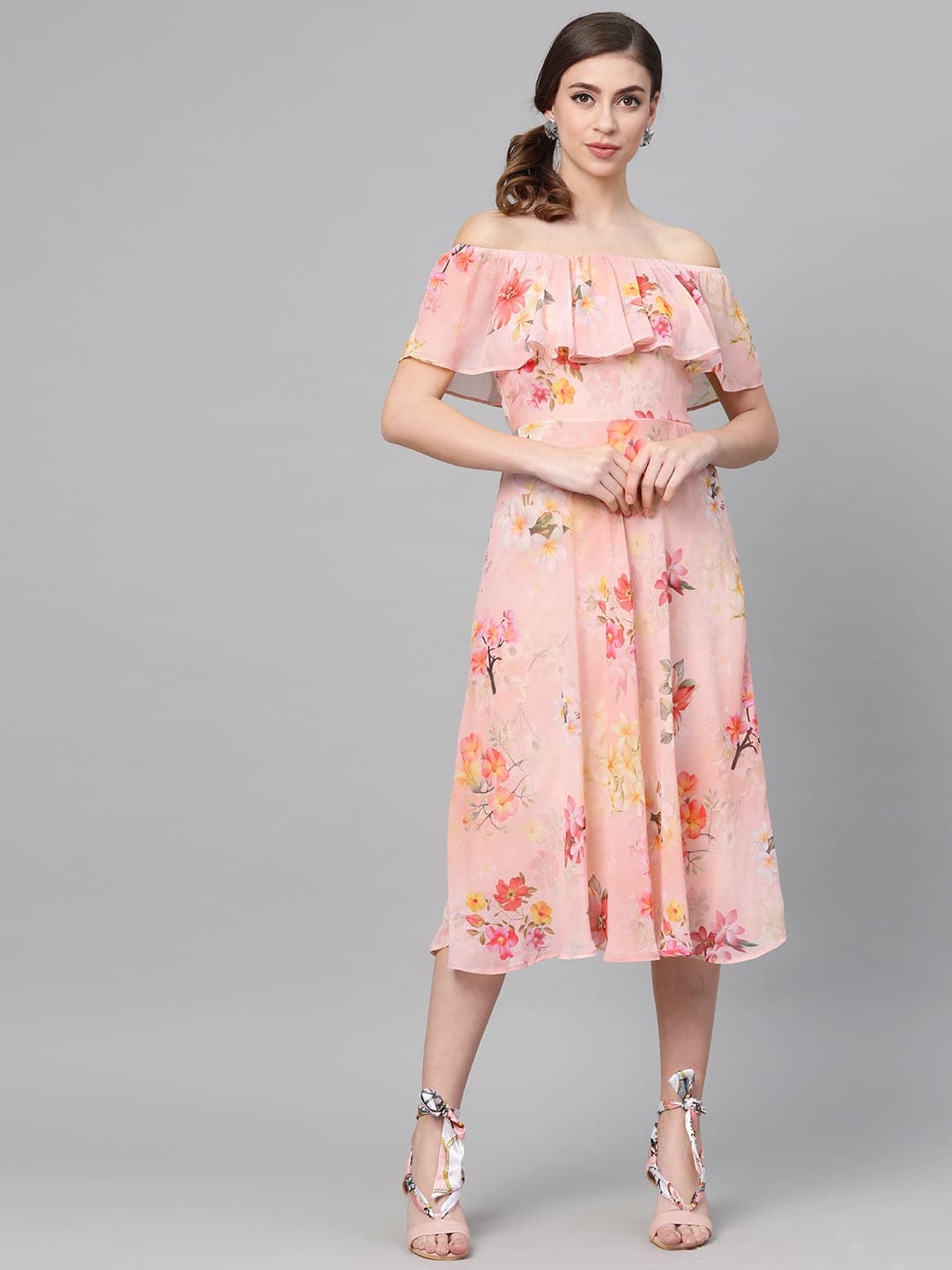 Peach Floral Off Shoulder Midi Dress ...